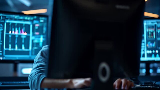 Cybersecurity Analyst Monitoring Data in High-Tech Control Center