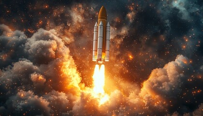 Fototapeta premium Futuristic space rocket lifting off from Earth, surrounded by vibrant smoke and flames, symbolizing technological innovation, highenergy atmosphere, sharp, detailed rendering