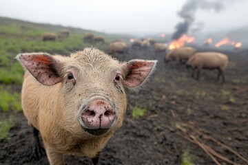 A herd of animals wandering through a deforested area, struggling to find food and shelter