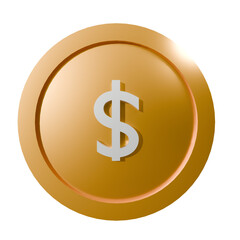 3d Gold coin icon, dollar or money isolated on white, cash or currency sign, token, business and finance concept, American currency symbol, one gold coin with dollar us currency, illustration.