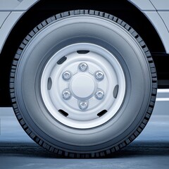 Fototapeta premium Truck Tire Detail: A close-up view of a heavy-duty tire on a truck, showcasing its tread pattern and robust construction.