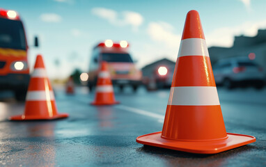 Orange and white traffic cone for street accident safety. Traffic cones are positioned in a street scene with emergency vehicles in the background, indicating a situation requiring caution.