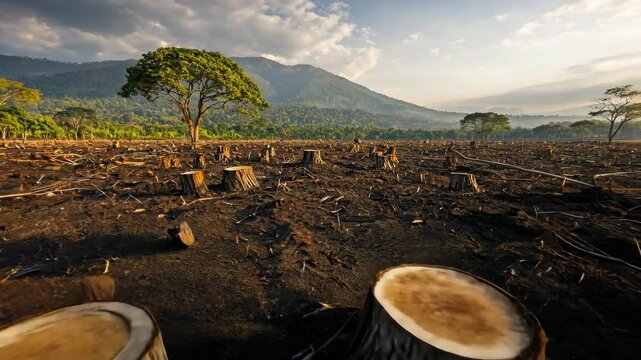 Deforestation and Tree Stumps in Mountainous Landscape Nature and Environment Impact