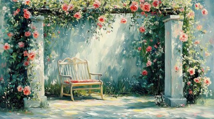 A Beautiful Artistic Scene Depicting a Rose Covered Arbor with a Bench