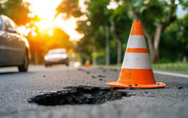 Orange and white traffic cone for street accident safety. Traffic cone beside a pothole on a road, illuminated by a sunset, indicating a repair or warning area for motorists.