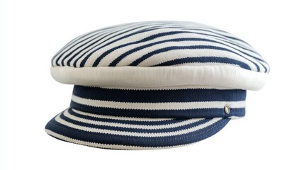 A striped sailor cap in white and navy, isolated white background 