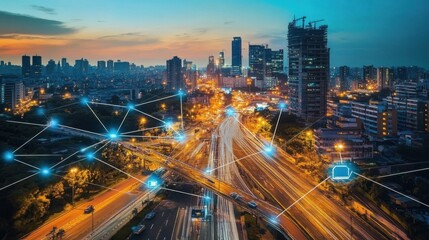Fototapeta premium Connected urban infrastructure, sensors, smart street lamps, and AI cameras
