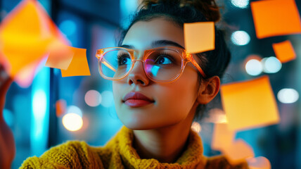 young woman with glasses looks thoughtfully at colorful sticky notes, surrounded by vibrant atmosphere. Her expression reflects creativity and inspiration