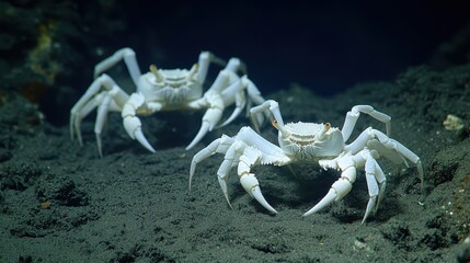 Fototapeta premium Two white crabs are situated on dark colored ocean floor