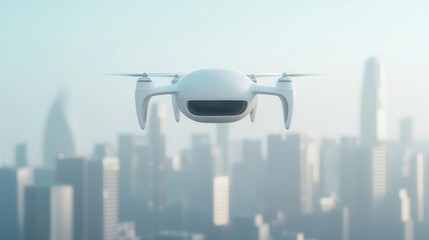 Naklejka premium White drone transporting a single package above a minimal futuristic cityscape