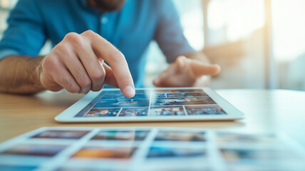 person interacting with tablet, browsing images on touchscreen, showcasing technology and digital media. scene conveys engagement and modernity