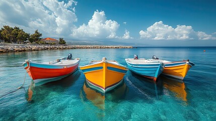 Naklejka premium Small colorful fishing boats equipped with nets are moored in the Limassol port, Cyprus island.