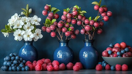 Small fruit cherry tree branches with white flowers in small vases on a gray table with a navy blue background create a spring festive scene.