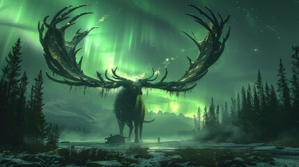 Majestic moose with enormous antlers under vibrant northern lights in a serene forest landscape