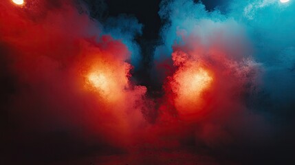 Naklejka premium Red and blue smoke, dramatic lighting, dark background, stage setting, music concert