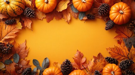 Obraz premium Small pumpkins, fall leaves, and pinecones arranged on a vibrant yellow backdrop for an autumnal theme.