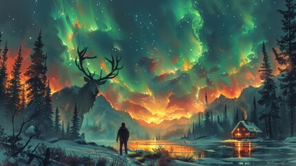 Majestic northern lights illuminate a tranquil winter landscape with a lone figure and a cozy cabin
