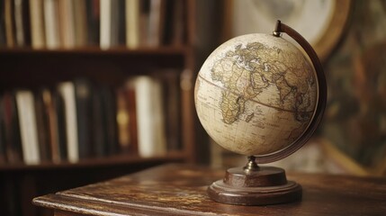 An antique world globe sits on a wooden table indoors near books