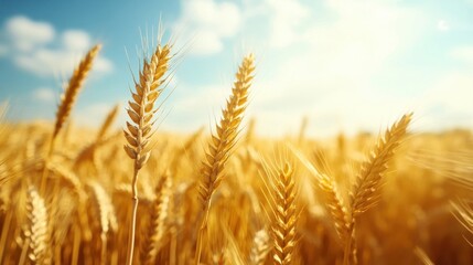 Fototapeta premium Close view of golden wheat in a bright sunny field
