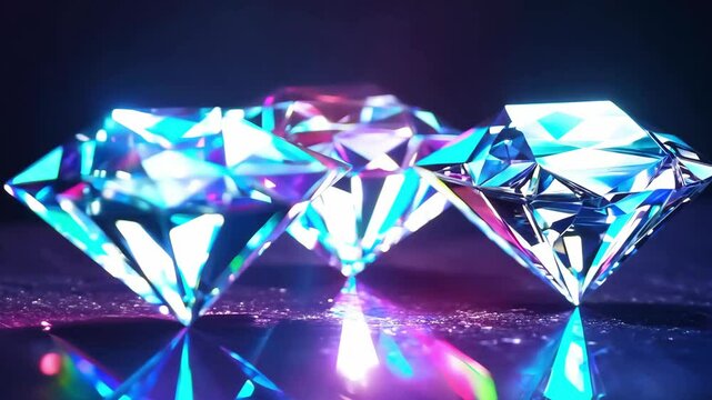 A close-up shot of diamonds reflecting vibrant colors, showcasing their brilliance and shine with a dark background.
