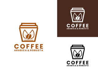 Cup Coffee with bean and leaf line art logo icon. Coffee Bean logo design