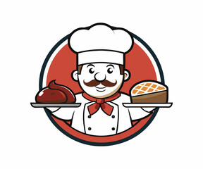 A friendly cartoon chef in a chef's uniform is depicted holding two platters of food, one with a dark meat dish, the other a sweet dessert/pie.