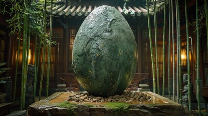 Majestic stone egg centerpiece in a serene bamboo courtyard, surrounded by tranquil water features