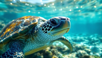 Fototapeta premium Sea Turtle Swimming Underwater in Clear Turquoise Ocean Water