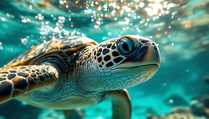 Fototapeta premium Sea Turtle Swimming Underwater with Sunlit Bubbles in Turquoise Ocean
