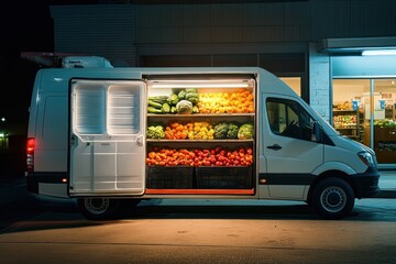 Night view of a refrigerated van fully loaded with fresh produce parked outside a store.