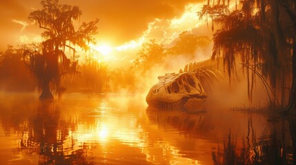 Majestic sunset over a serene swamp with a large alligator skull resting in the water, surrounded by mist