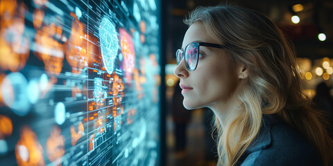 Woman Interacting with Advanced Digital Interface Exploring the Future of Technology