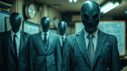 Mysterious figures in suits with distorted faces in a dimly lit office, evoking a surreal atmosphere