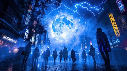 Nighttime cityscape with silhouettes of people under a dramatic blue moon and lightning backdrop