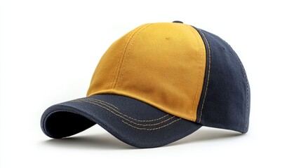 Fototapeta premium A two-tone cap with a contrasting brim in yellow and navy, isolated white background