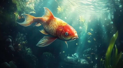 Majestic goldfish swimming in a crystal-clear underwater ecosystem setting