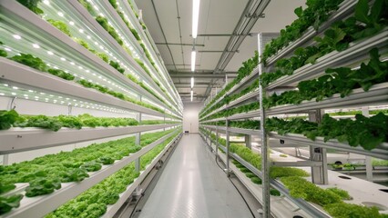 Fototapeta premium Indoor vertical farm with rows of fresh green lettuce.
