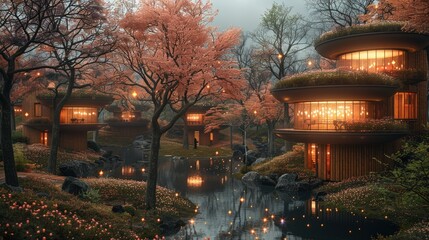 Serene autumn landscape featuring modern wooden houses amidst glowing cherry blossom trees by a tranquil pond