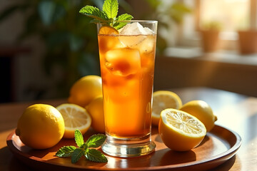Fototapeta premium Realistic Long Island Iced Tea Cocktail Photography: Amber Drink with Lemon and Mint Garnish