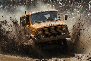 Obraz premium Off-road adventure challenge: vintage truck conquering muddy terrain at extreme racing event