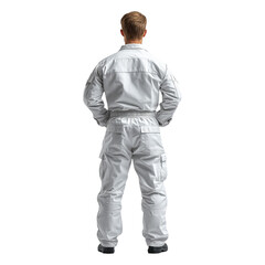 Naklejka premium person wearing white uniform stands with their back facing viewer, exuding sense of readiness and professionalism