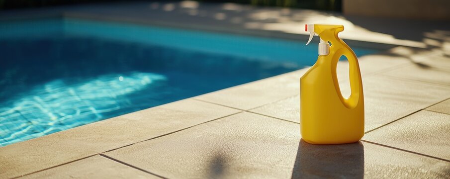 Yellow Cleaning Spray Bottle by Swimming Pool on Sunny Day