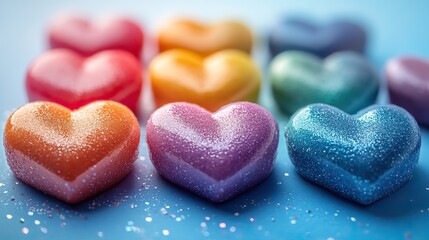 Obraz premium Solidarity and love colorful hearts on a pastel blue backdrop represent unity and support during Pride Month.
