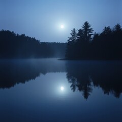 Fototapeta premium A misty lake at midnight, the moons reflection slightly distorted by gentle ripples ar 16:9 v 6.1 q 2