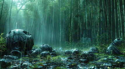 Serene bamboo forest during rainfall with misty ambiance and large rocks scattered throughout