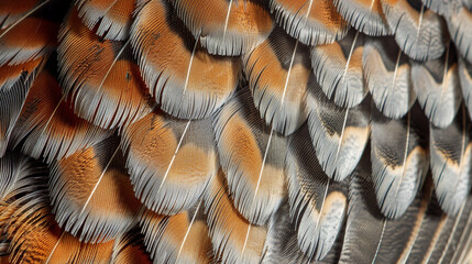 A close up view of intricate bird feathers with black and orange patterns.