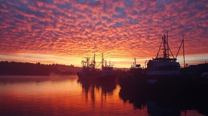 Fishing Boats Silhouetted at Harbor with Dramatic Red Sunset Sky