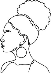 Afro woman hairstyle portrait continuous line art drawing. 