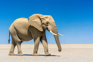 A lone elephant walking through a barren savanna, struggling to find water due to climate change