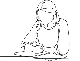 Women sitting at a table with notebooks writing line art drawings. 